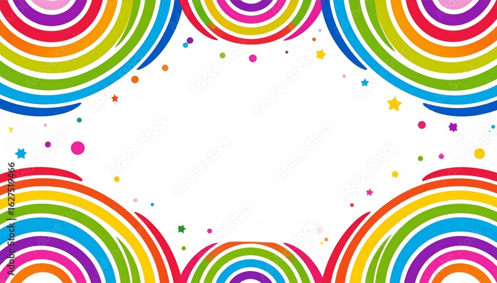 Poster abstract frame with colorful circles, bright rainbow lines, and a playful flower pattern