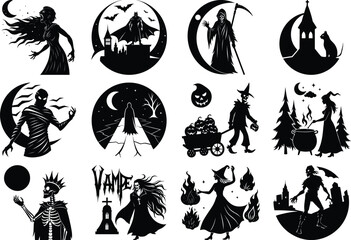 collection of 12 circular gothic Halloween silhouette illustrations featuring witches, castles, haunted scenes, and spooky figures against a dark night sky with a moon, perfect for holiday design