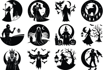 collection of 12 circular gothic Halloween silhouette illustrations featuring witches, castles, haunted scenes, and spooky figures against a dark night sky with a moon, perfect for holiday design