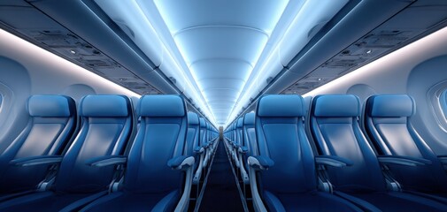 The modern airplane interior featuring spacious blue seating arrangements.