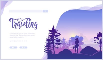 Girl stand and looks at nature illustration. the camping tent near mountain in the summer