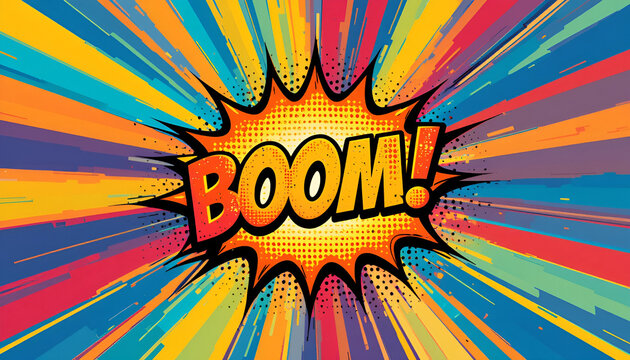 A vibrant comic explosion with the word boom in orange, a burst of energy