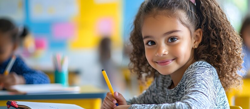 Happy girl studying in class. Back-to-school concept.