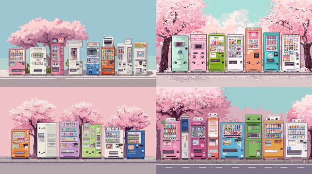 Colorful Japanese vending machines lined under cherry blossom trees, pastel spring vibe with kawaii style on white background.


