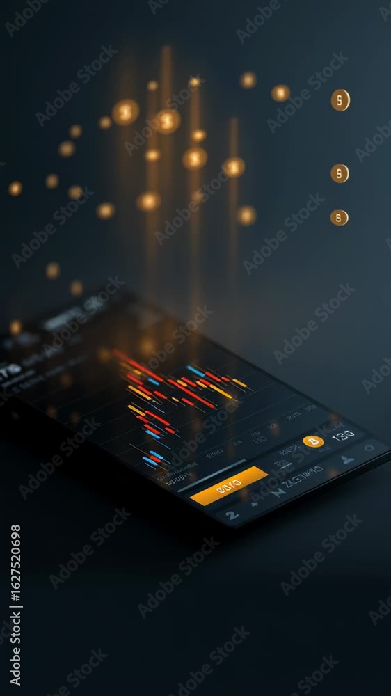 Poster isometric stock market dashboard showcasing data analytics and trading activity on a modern smartpho