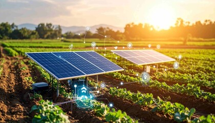 Agrivoltaics combines agriculture and renewable energy to support sustainable and environmentally friendly farming. This image shows innovations in modern agricultural technology, energy efficiency