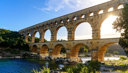 Fototapeta premium Ancient stone bridge over a river on a sunny day