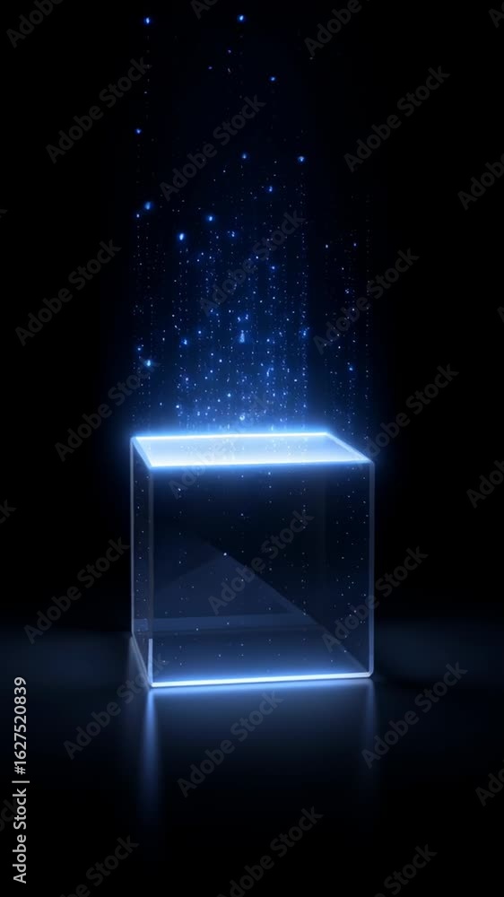 Poster isometric ai core chip with glowing particles emitting light from within in a dark environment