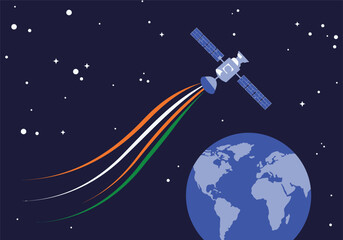 Fototapeta premium Satellite with Indian Flag Colors Trails Orbiting Earth in Deep Space.