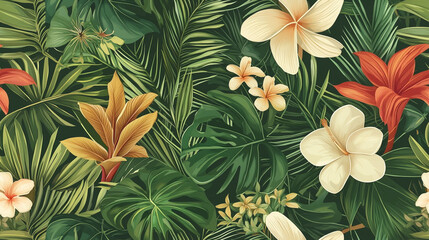 Vibrant tropical floral pattern with large green leaves and colorful blossoms in a dense jungle setting