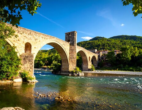 Ancient stone bridge over a river, idyllic landscape