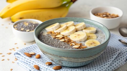 Deliciously healthy chia pudding with almond milk, topped with banana slices and crunchy seeds