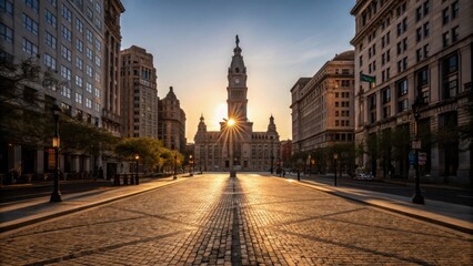 Obraz premium Historic european city street at sunrise with tall tower