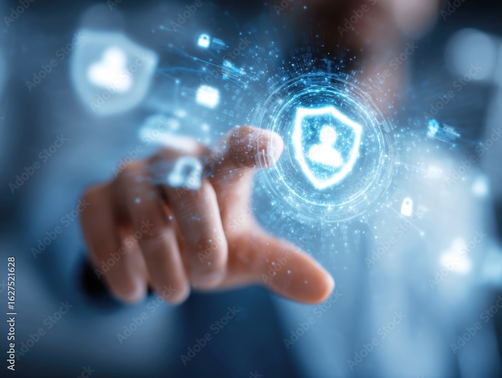 Poster digital security concept with user protection and data security visualization