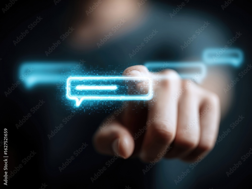 Poster engaging with digital communication through holographic messaging interface