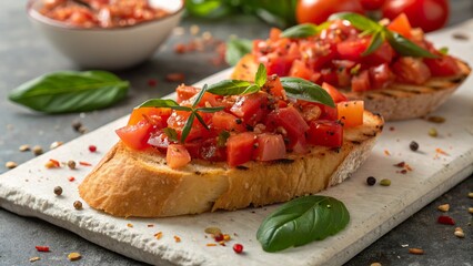 Delicious bruschetta topped with fresh tomatoes and a kick of chili flakes enjoyed in a sunlit kitchen
