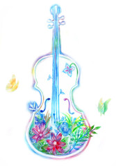 バイオリンと植物　蝶々　手描き