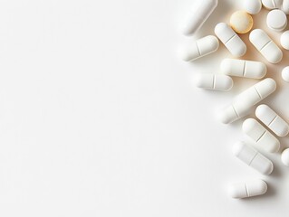 Collection of white pills arranged on a light background for health perspective