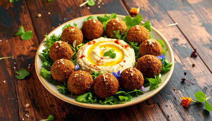 Traditional Middle Eastern falafel and hummus platter garnished with fresh greens and spices.