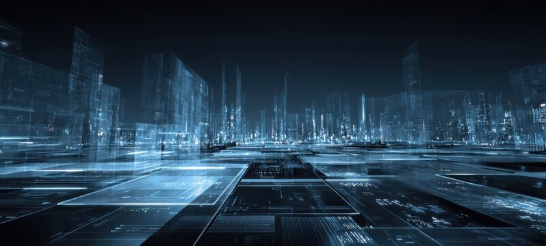 The futuristic digital cityscape with glowing data interfaces and urban innovation