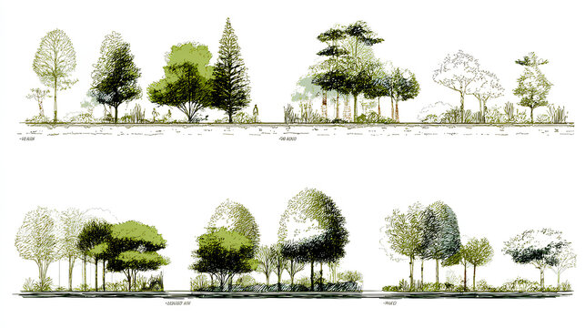 Architectural Drawings, Minimal style cad tree line drawing, Side view, set of section wildlife forest outline symbol for landscape design drawing. Vector illustration in stroke fill in white.