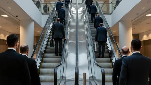 Group of businessmen in suits ascending escalators in a modern office building, symbolizing career growth and corporate success