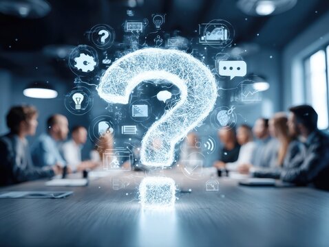 In a modern office setting, a diverse group of professionals engages in collaborative brainstorming. Digital icons hover above, representing various concepts and questions.