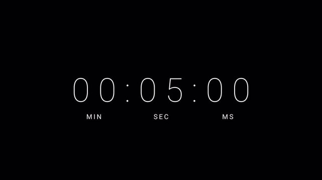 one Minute Digital Countdown Timer with minute, seconds, milliseconds from 0 to 60 seconds on transparent background, one minute countup video with alpha  channel.