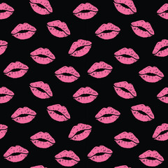 Pink lip marks scatter over bold black, creating a stylish kiss-themed pattern ideal for fashion prints