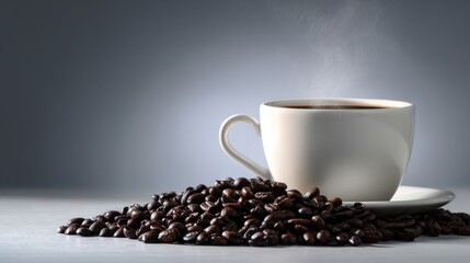 The steaming cup of coffee surrounded by roasted coffee beans