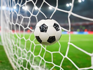 A black and white soccer ball is seen striking the net as players compete in a thrilling match. The stadium is packed with spectators, creating an electrifying atmosphere.