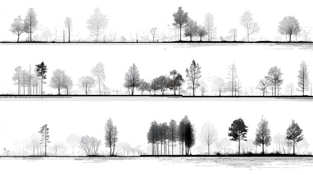 Architectural Drawings, Minimal style cad tree line drawing, Side view, set of section wildlife forest outline symbol for landscape design drawing. Vector illustration in stroke fill in white.