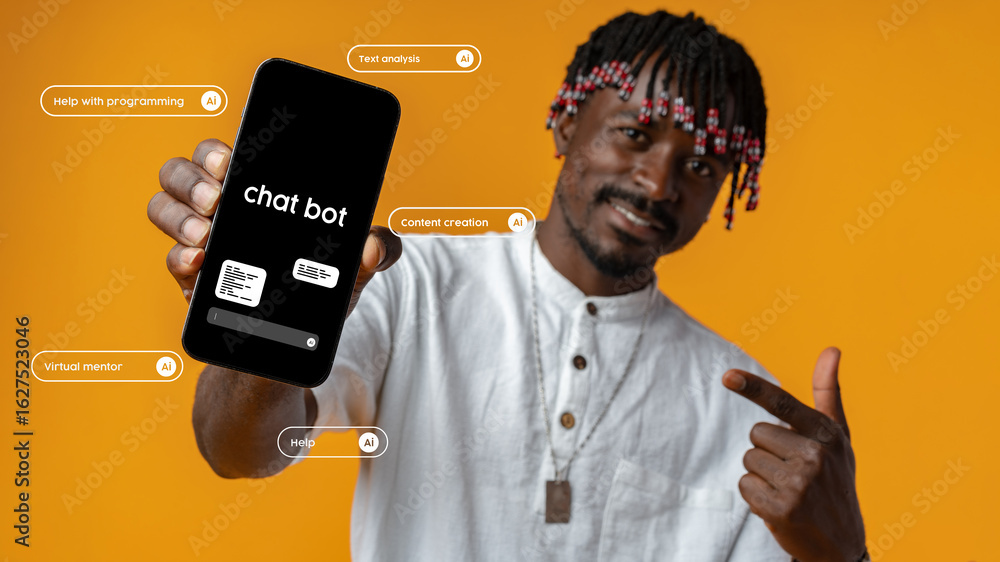 Poster man showcasing chatbot application on smartphone with vibrant orange background while promoting digi