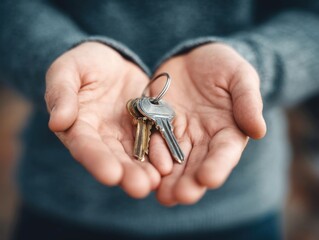 Hands are positioned to hold a set of keys, showcasing a mix of metal keys on a ring against a softly blurred background, suggesting a personal or significant moment.