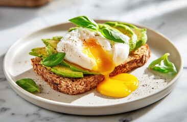 Poached egg dripping onto avocado toast with fresh basil and ground pepper