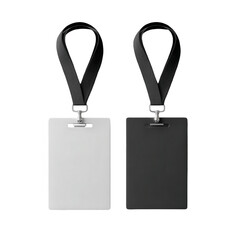 Two blank identification cards, one white, one black, attached to black lanyards (1)