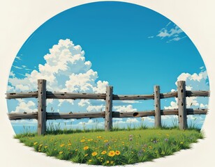 Una valla de madera en un paisaje sereno con un cielo azul brillante y algunas nubes blancas esponjosas, sobre un fondo blanco y marco ovalado