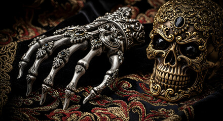 Fototapeta premium Gothic Silver Skull and Hand Jewelry with Dark Elegant Decor