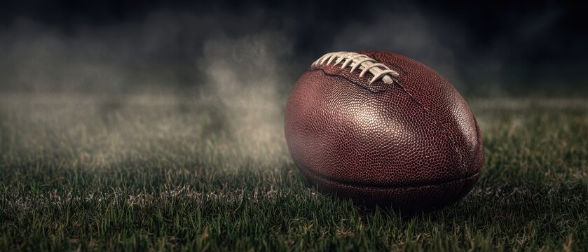 The football resting on the field surrounded by smoke and grass.