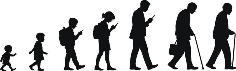 Human life stages, from toddler to elderly, showing technology use, mobile phone addiction, modern digital lifestyle, flat vector illustration