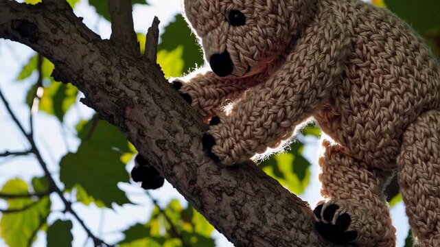 Close-up of crocheted teddy bear toy climbing tree with green leaves and sunlight. Concept of playful handmade charm