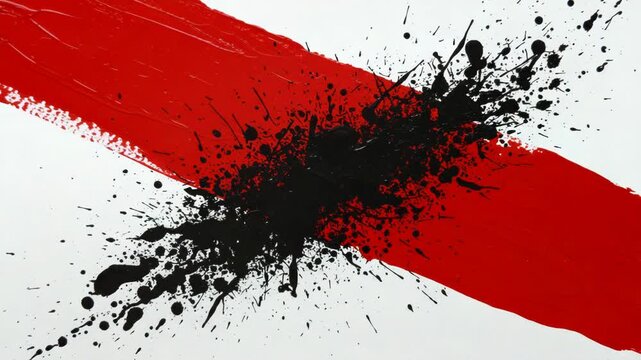 A dynamic abstract composition featuring a bold red brush stroke with a chaotic black ink splatter