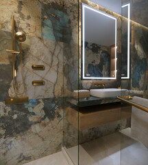 Elegant 3D rendering of a high-end bathroom with marble textures, brass fixtures, a vessel sink,...