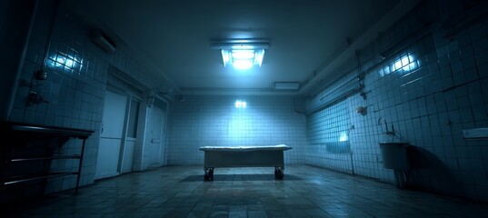 Horror morgue with dim ight and dark scene. Generative AI technology.	

