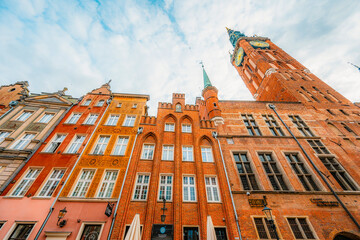 Gdansk with Motlawa river in Poland. Old town colourful house  main square.
