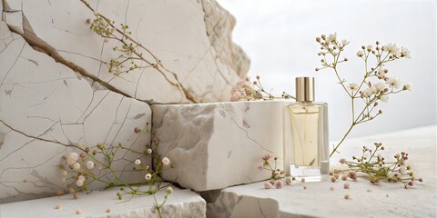 An Elegant Perfume Bottle Beautifully Surrounded by Exquisite Delicate Flowers and Soft Stones