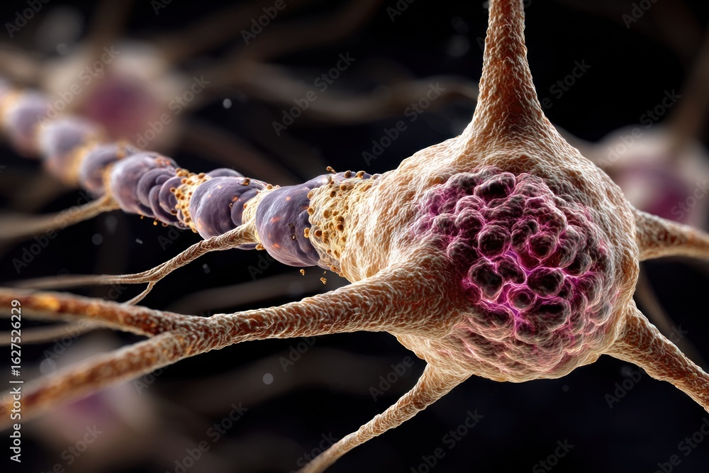 Poster focusing on a neuron, showcasing its intricate connections and cellular components vital for neural 