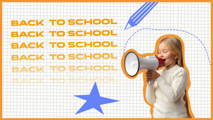 Excitement builds for back to school as a girl joyfully prepares with a megaphone