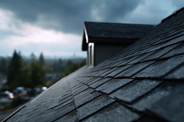 Wet asphalt shingles on a sloped residential roof during overcast weather with a view of treetops and a suburban neighborhood, emphasizing weather resistance, home protection, and roofing durability