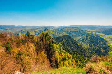 Hiking to peak Tri Koruny or Trzy Korony during day. Pieniny National park in Poland. View from the lookout at the top © Zedspider